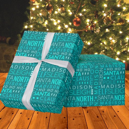 サンタタイポグラフィティール(緑がかった色)ブルーかわいい追加子供名 ラッピングペーパー