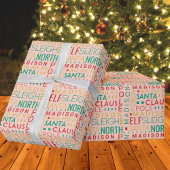 サンタタイポグラフィレッドグリーンかわいい追加子供名 ラッピングペーパー