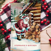 サンタチョッピング薪のクリパーソナライズされたスマス キッチンタオル