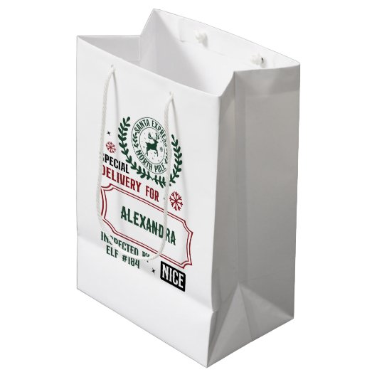 サンタデリバリ表現ー(名前をカスタムする)のクリスマス ミディアムペーパーバッグ (正面アングル)