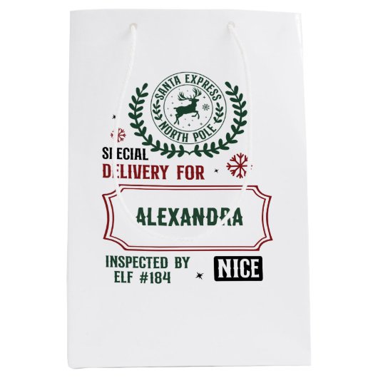 サンタデリバリ表現ー(名前をカスタムする)のクリスマス ミディアムペーパーバッグ (正面)