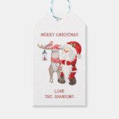サンタトナカイと(鳥)ショウジョウコウカンチョウパーソナライズされたクリスマス ギフトタグ (正面)