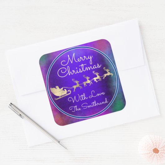 サンタトナカイのスレイライトブルーからメリークリスマス スクエアシール (封筒)