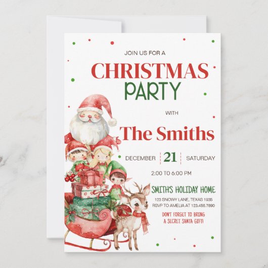 サンタトナカイ小妖精や小人キッズクリスマスパーティー 招待状 (正面)