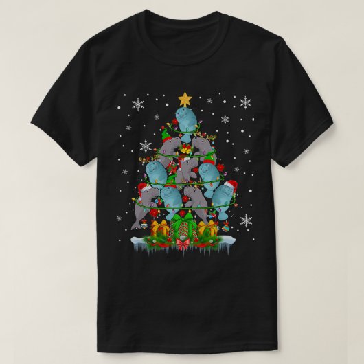 サンタトナカイ小妖精や小人マナテスクリスマスツリーライツ Tシャツ (デザイン正面)