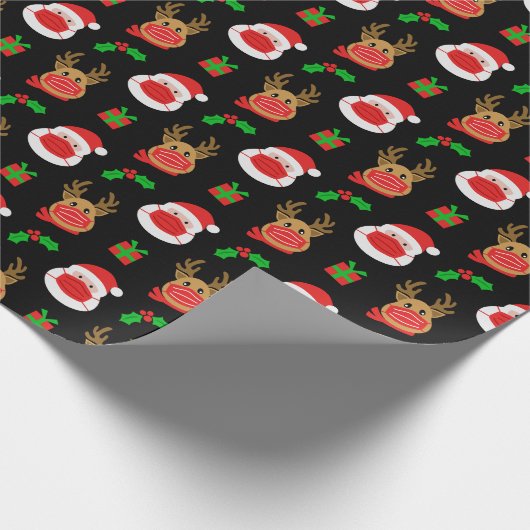 サンタトナカイ顔マスクブラッククリスマス ラッピングペーパー (角)