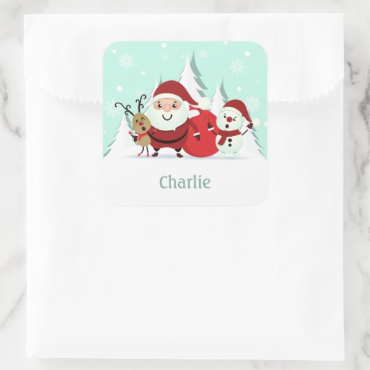 サンタトナカイ&雪だるま名前をカスタムするシール スクエアシール (バッグ)