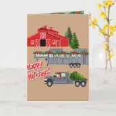 サンタトラックトレーラーアンドバーンホリデー カード (黄色い花)