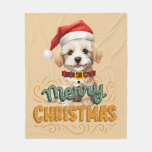 サンタドッグエレガントメリークリスマスレトロマスタード フリースブランケット