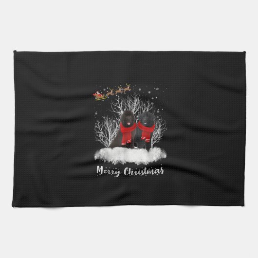 サンタニューファンドランド夫婦メリークリスマスドッグギフト キッチンタオル (横)