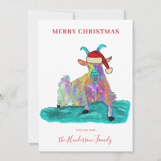 サンタハおもしろいットを着た絶叫ヤギのクリスマス シーズンカード (正面)