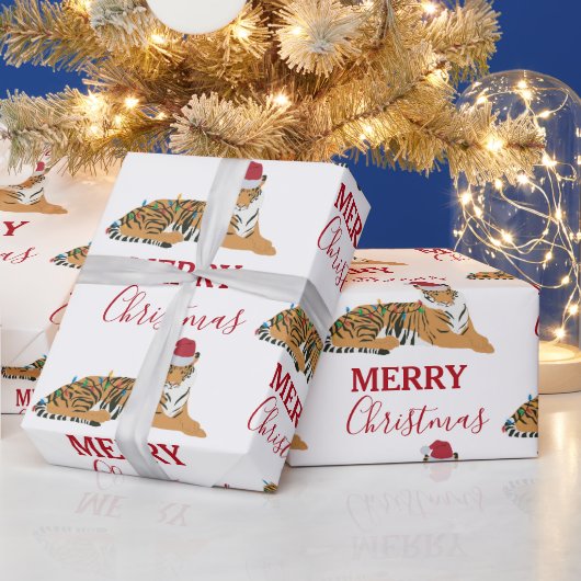 サンタハおもしろいット付きクリスマスタイガー動物 ラッピングペーパー (クリスマス)
