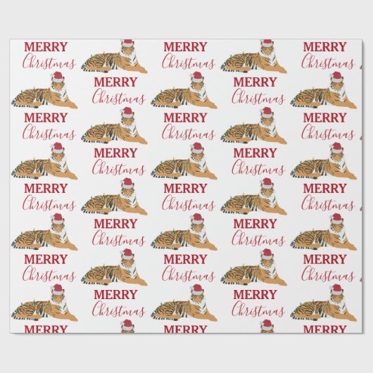 サンタハおもしろいット付きクリスマスタイガー動物 ラッピングペーパー (フラット)