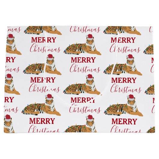 サンタハおもしろいット付きクリスマスタイガー動物 ラージペーパーバッグ (正面)
