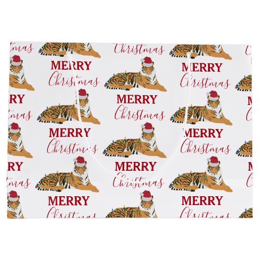 サンタハおもしろいット付きクリスマスタイガー動物 ラージペーパーバッグ (裏面)