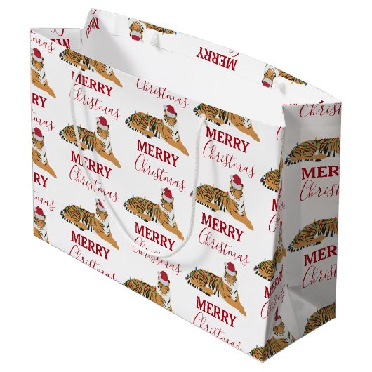 サンタハおもしろいット付きクリスマスタイガー動物 ラージペーパーバッグ (裏面アングル)