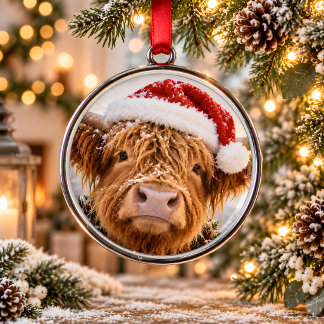 サンタハイランドカウのメタルクリスマスオーナメント メタルオーナメント
