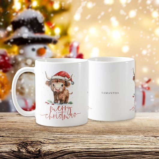 サンタハイランド牛のスクリプト名メリークリスマス コーヒーマグカップ