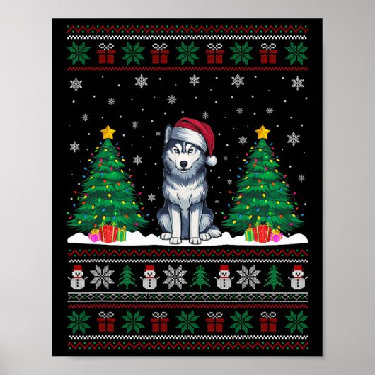 サンタハシベリアのハスキー犬のクリスマスツリーが醜く点灯 ポスター (正面)