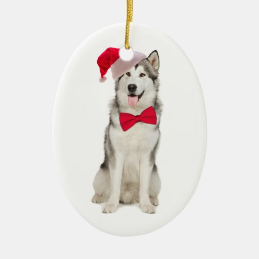 サンタハスキーのクリスマスオーナメント セラミックオーナメント (正面)