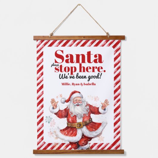 サンタハストップイレモダンッドホワイトストライプクリスマス 吊り下げ型タペストリー (正面)