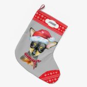 サンタハッチワワと雪片縁ど付き ラージクリスマスストッキング (正面 (吊り時))