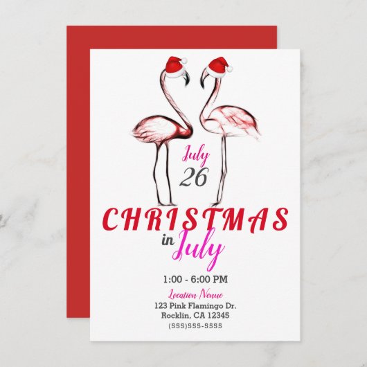 サンタハッツのピンクのフラミンゴ7月のクリスマス 招待状 (正面/裏面)