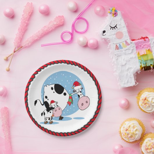 サンタハッツ付きクリスマス牛のパーティープレート ペーパープレート (パーティー)
