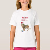 サンタハットおもしろいを使ったクリスマスリオン動物 Tシャツ (正面)