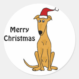 サンタハットおもしろいクリスマスアートのグレイハウンド犬 ラウンドシール