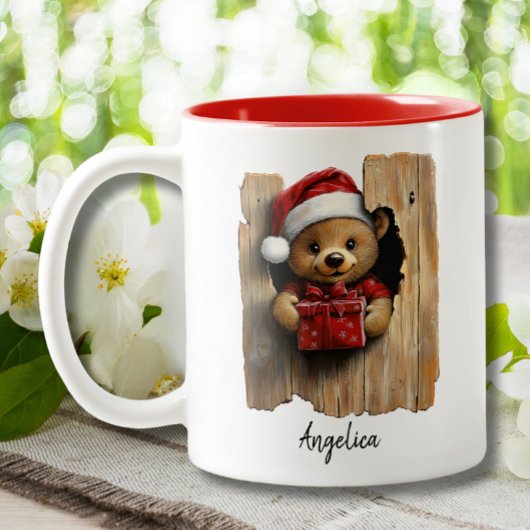 サンタハットでかわいいクリスマスカスタム覗き熊 ツートーンマグカップ