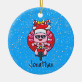 サンタハットでオートバイに乗るかわいいアキソロトル セラミックオーナメント (正面)