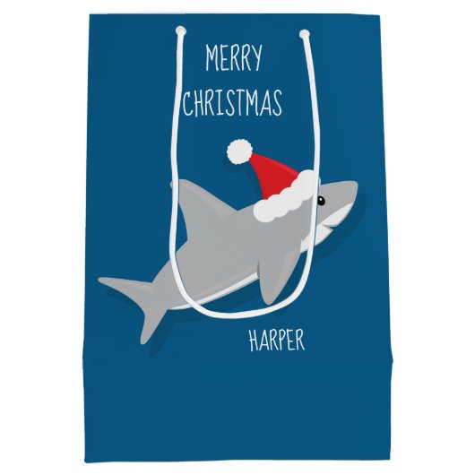 サンタハットで微笑む漫画のサメ抱き枕 ミディアムペーパーバッグ (裏面)