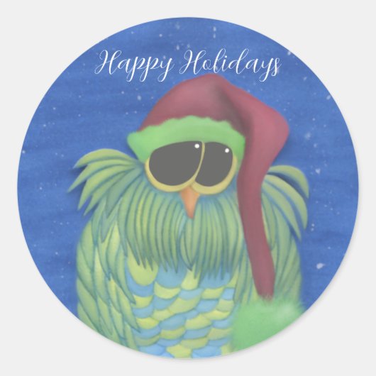 サンタハットで愛らしいフクロウ ラウンドシール (正面)