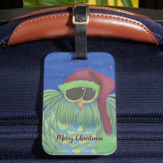 サンタハットで愛らしいフクロウ ラゲッジタグ (正面インサイチュ2)