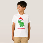 サンタハットとかわいい緑のベビー恐竜 Tシャツ (正面フル)