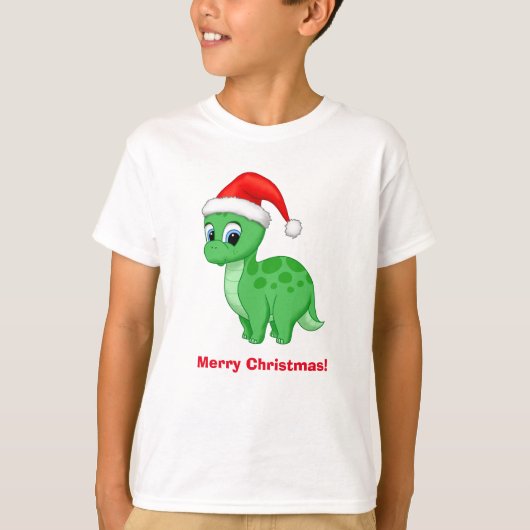 サンタハットとかわいい緑のベビー恐竜 Tシャツ (正面)