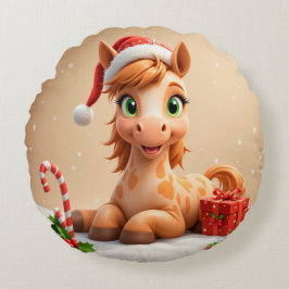 サンタハットとクリスマスマンガの馬 ラウンドクッション