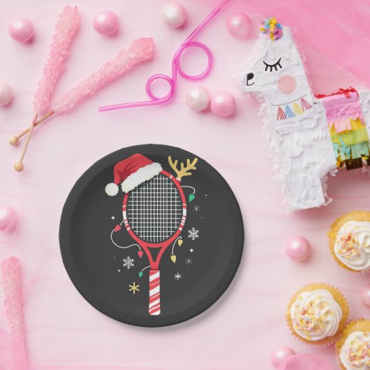 サンタハットとクリスマスライト付きテニスパドル ペーパープレート (パーティー)