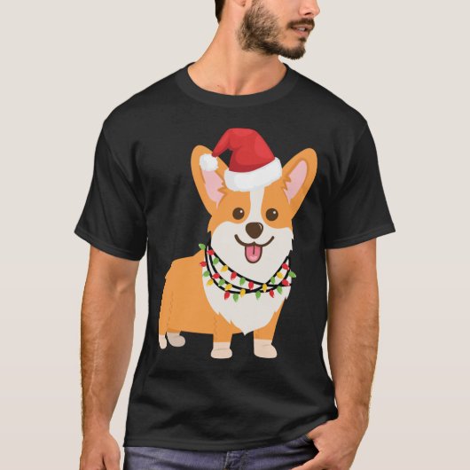 サンタハットとクリスマスLを持つクリスマスコルギドッグ Tシャツ (正面)