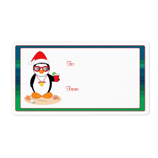 サンタハットとサングラスを持つクリスマスペンギン ラベル (正面)