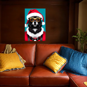サンタハットとサングラスを着た犬  AI Art ポスター