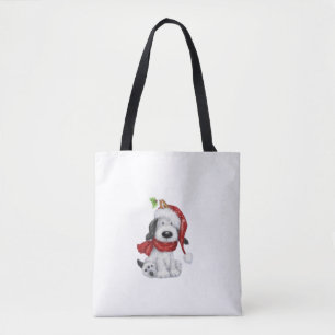 サンタハットとスカーフが付いたかわいいクリスマスドッグ トートバッグ
