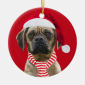 サンタハットとスカーフとフォトクリスマスドッグ セラミックオーナメント (正面)