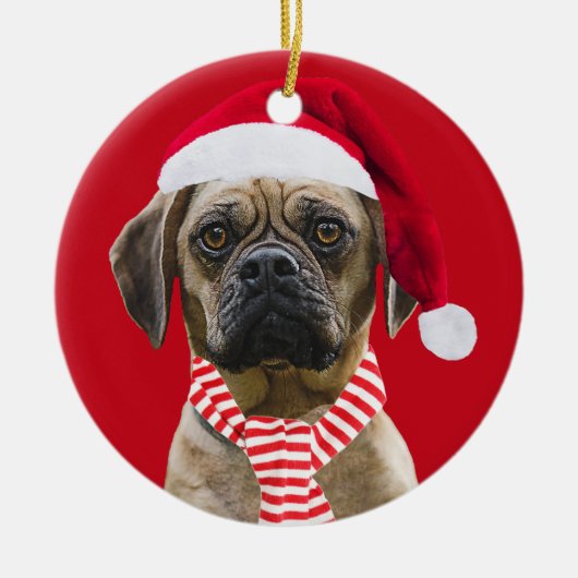 サンタハットとスカーフとフォトクリスマスドッグ セラミックオーナメント (正面)