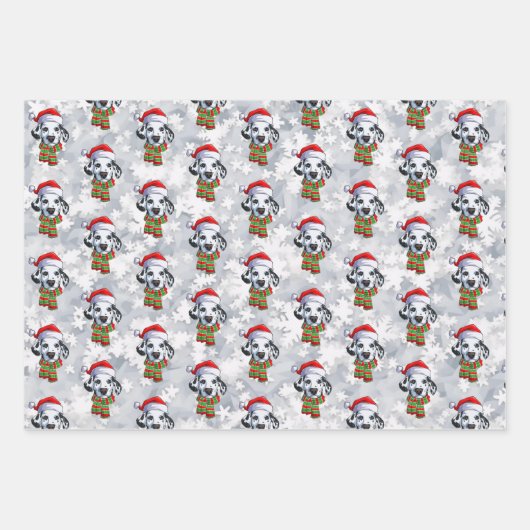 サンタハットとスカーフを身に着けたクリスマスダルマチア ラッピングペーパーシート (正面2)