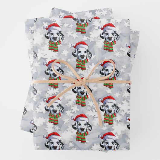 サンタハットとスカーフを身に着けたクリスマスダルマチア ラッピングペーパーシート (インサイチュ)