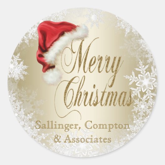 サンタハットとスノーフレーククリスマスステッカー ラウンドシール (正面)