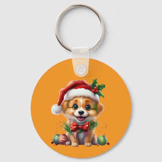 サンタハットとボウの可愛いクリスマスパピー キーホルダー (正面)