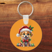 サンタハットとボウの可愛いクリスマスパピー キーホルダー (正面)